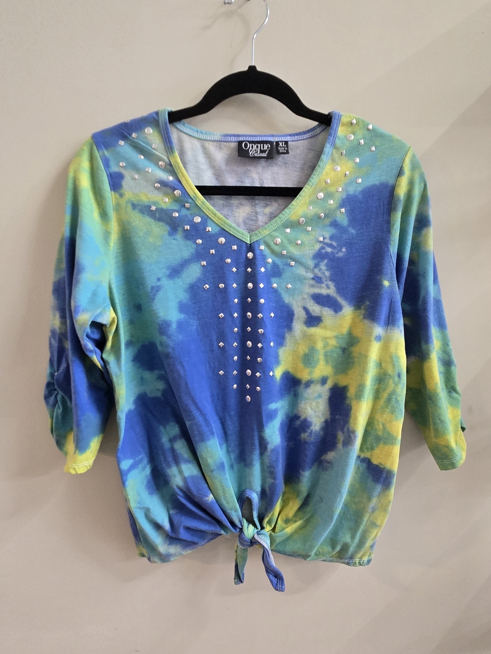 Onque Casual XL Tie Dye Studded V-Neck 3/4 Sleeve Front Tie Top Blue Green